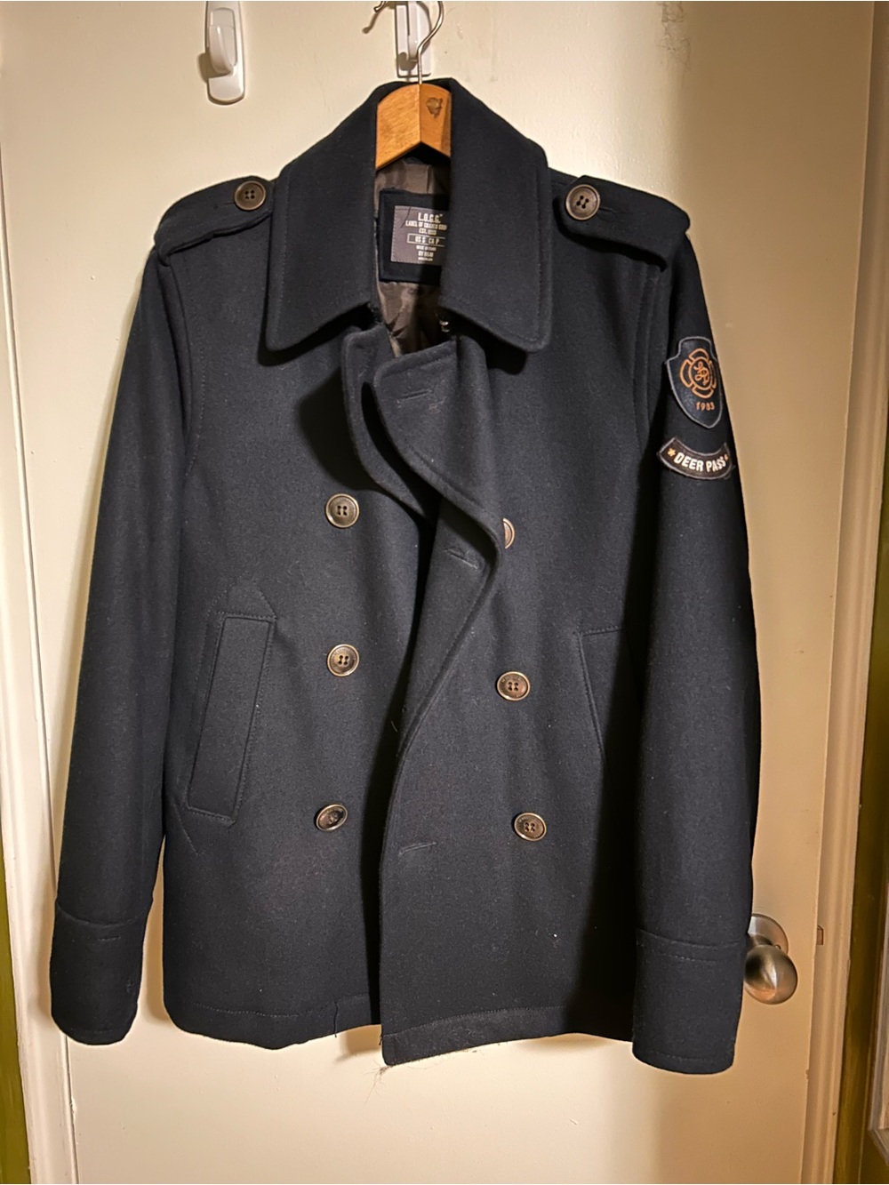 H&M Navy Double-Breasted Pea Coat with Shoulder Epaulets